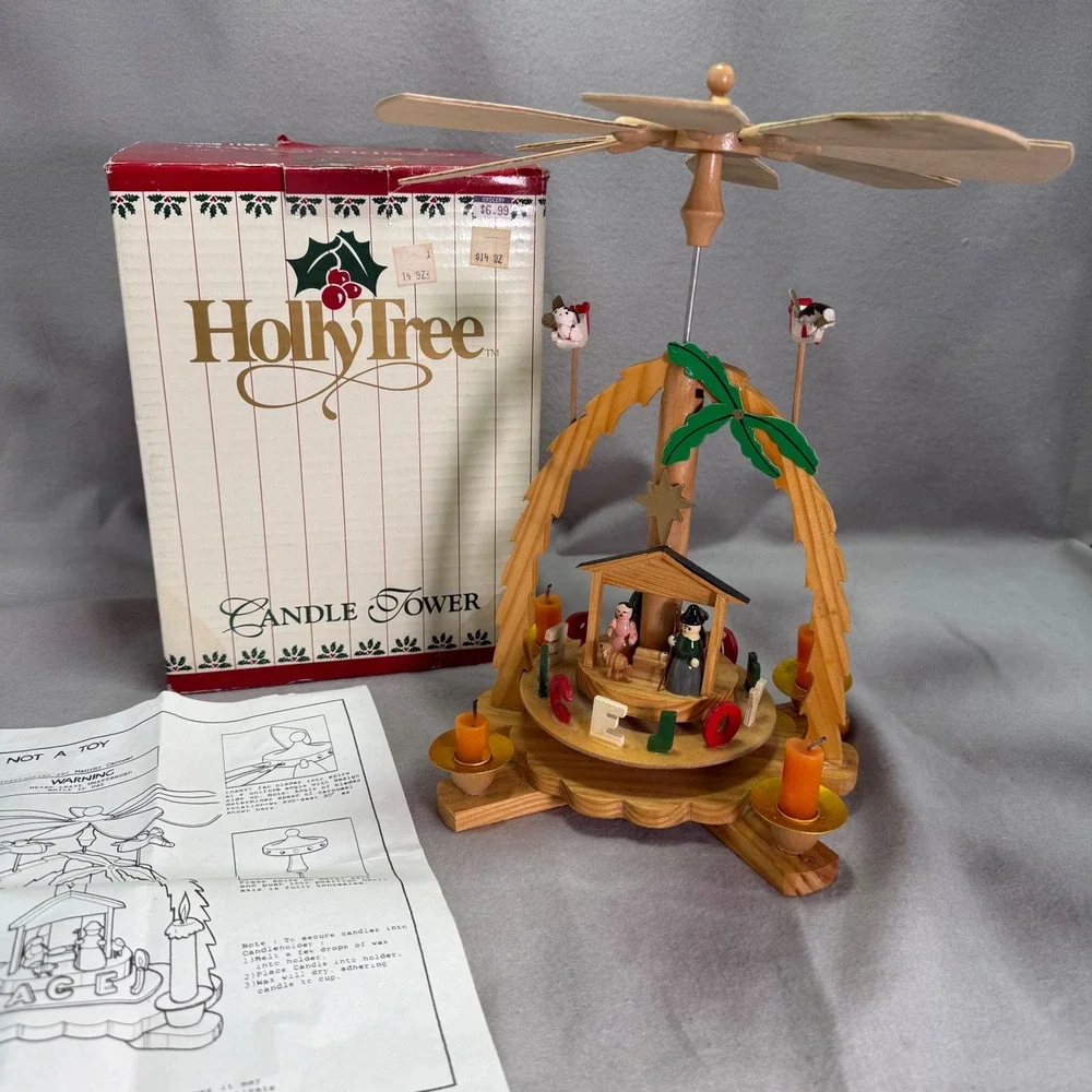 Holly Tree Nativity Carousel Single Tier Candle Tower Vintage Christmas Decor